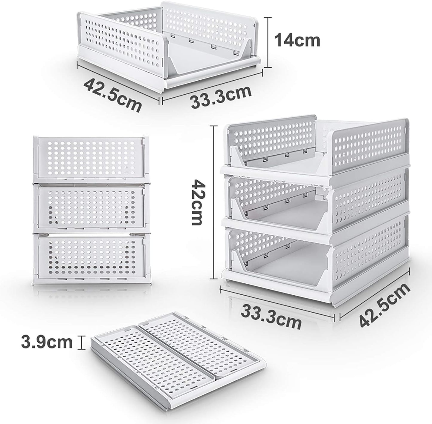 Set Da 3 Contenitori Impilabili per Armadi in Plastica Staccabili, Cassettiere, Divisori per Vestiti, Guardaroba, Camera Da Letto, Bianca (43X33X14Cm)