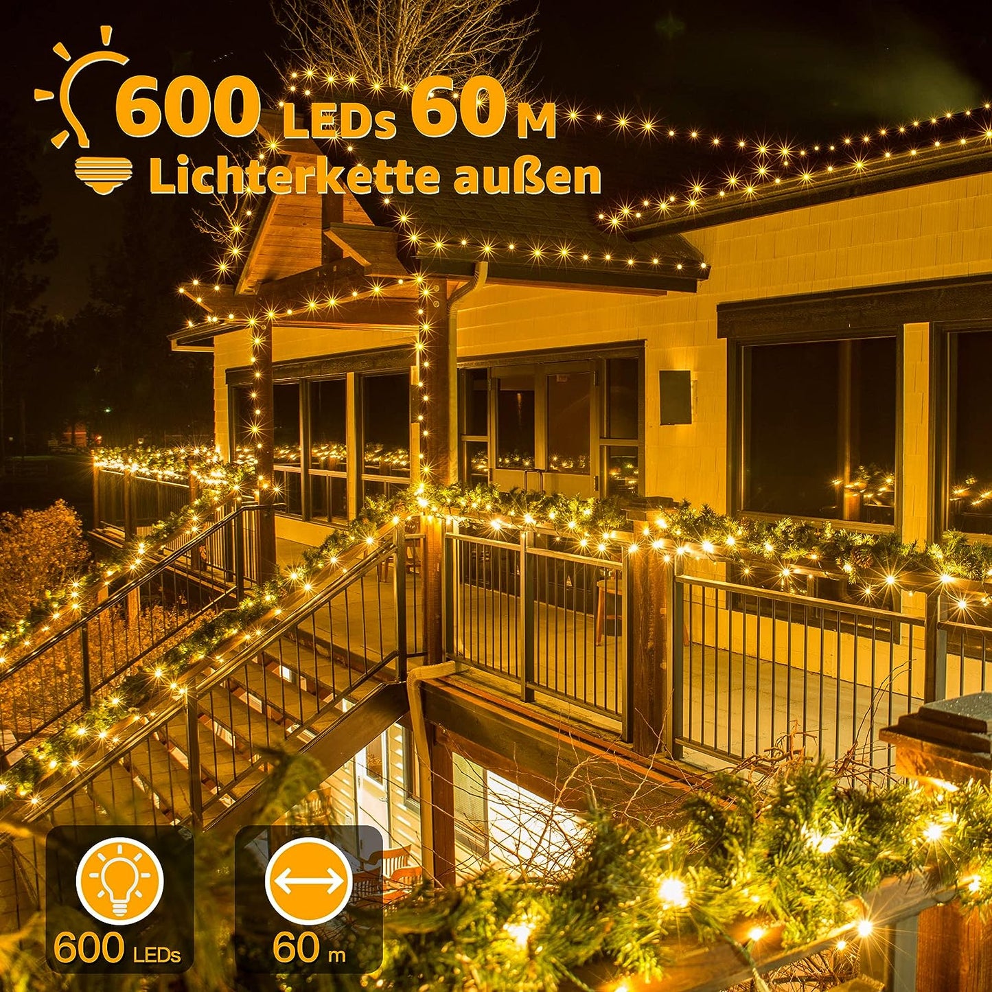 Catena Luminosa Di Natale 600 LED 60M, Luci Stringa Fata Luce Impermeabile Con 8 Modelli Di Illuminazione per Interno Ed Esterno, Feste, Matrimoni, Albero Y Giardino Decorazioni, Bianco Caldo