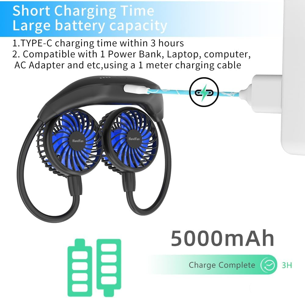 Ventilatore Collo Portatile,5000Mah USB Ventilatore,Mini Doppia Ventola 360° Girevole 6 Velocità 26 Ore Di Orario Di Lavoro per Viaggi,Sport