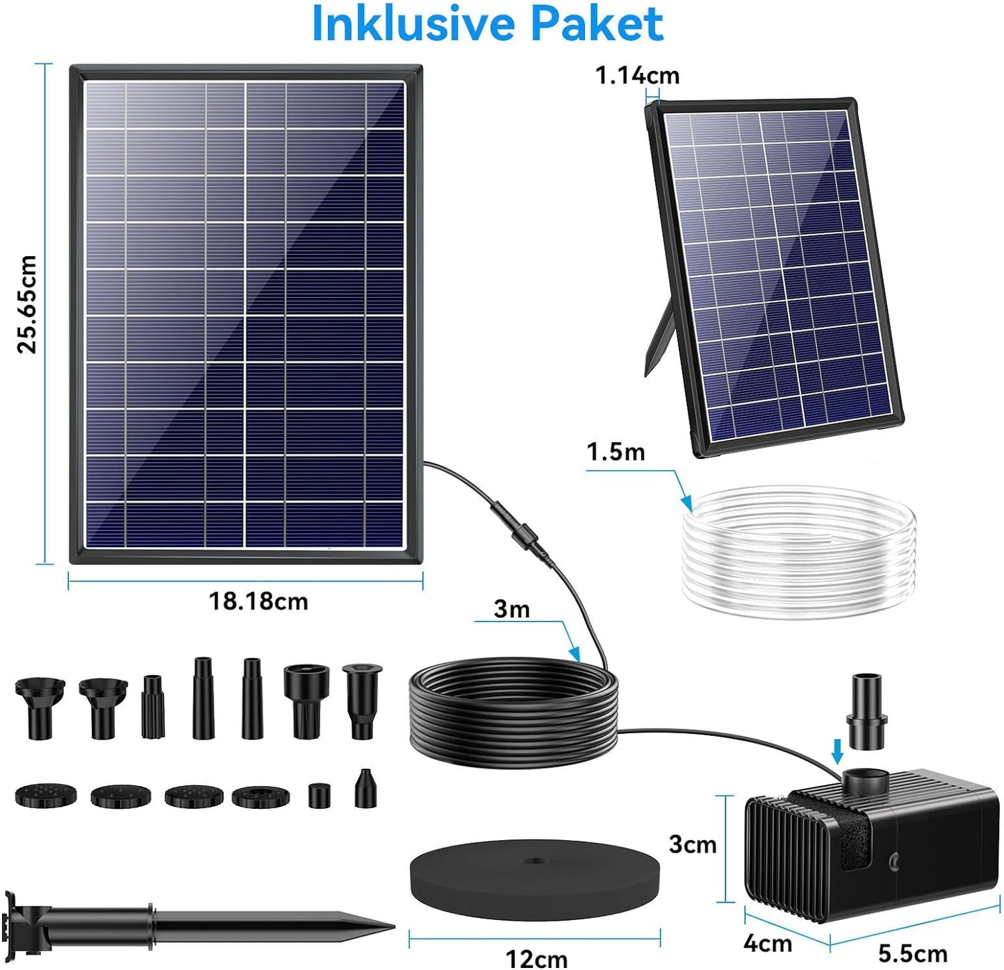 Pompa Solare per Laghetto Da 8 W, Con Batteria, Fontana Solare per Esterni, 3600 Mah, 96GPH, Pompa Solare per Fontane Con Filtro E Tubo Da 1,5 M, 10 Ugelli, Fontana Solare per Giardino, Stagno