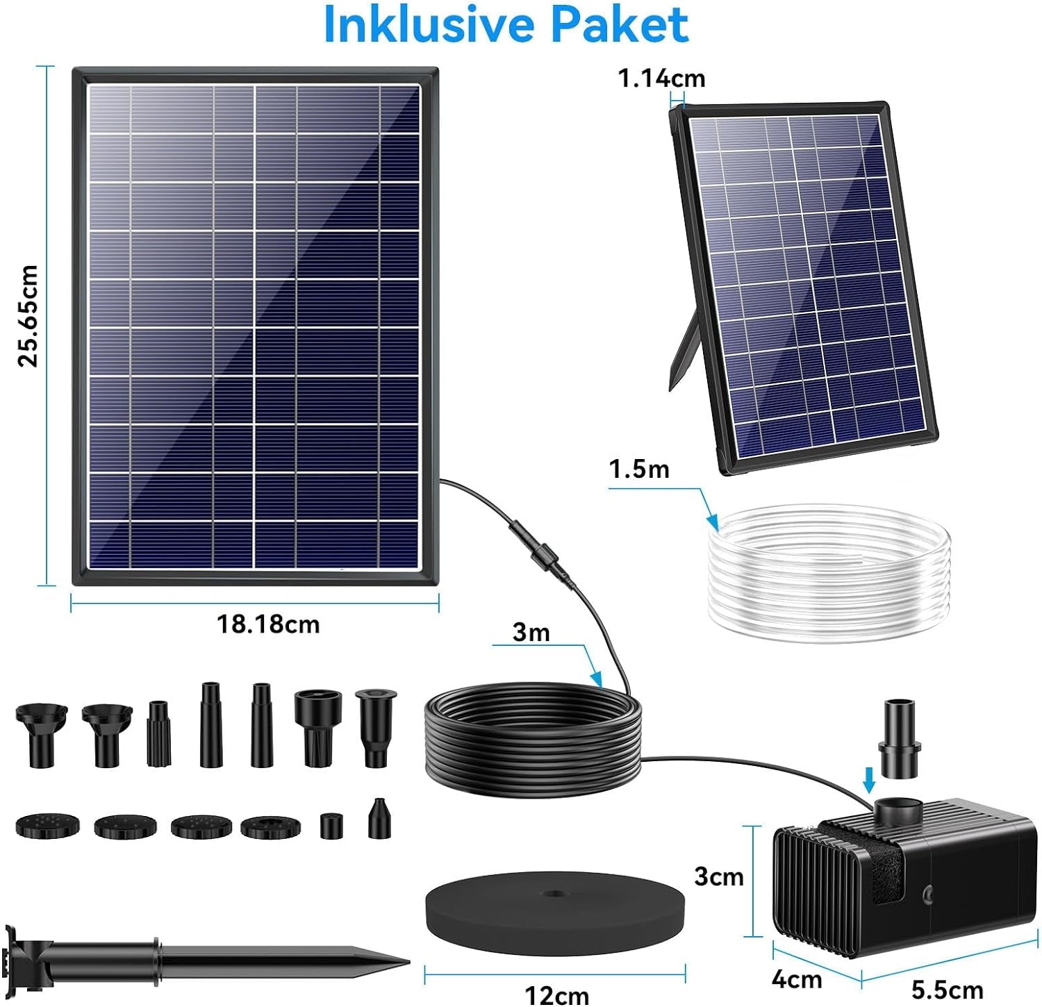 Pompa Solare per Laghetto Da 8 W, Con Batteria, Fontana Solare per Esterni, 3600 Mah, 96GPH, Pompa Solare per Fontane Con Filtro E Tubo Da 1,5 M, 10 Ugelli, Fontana Solare per Giardino, Stagno