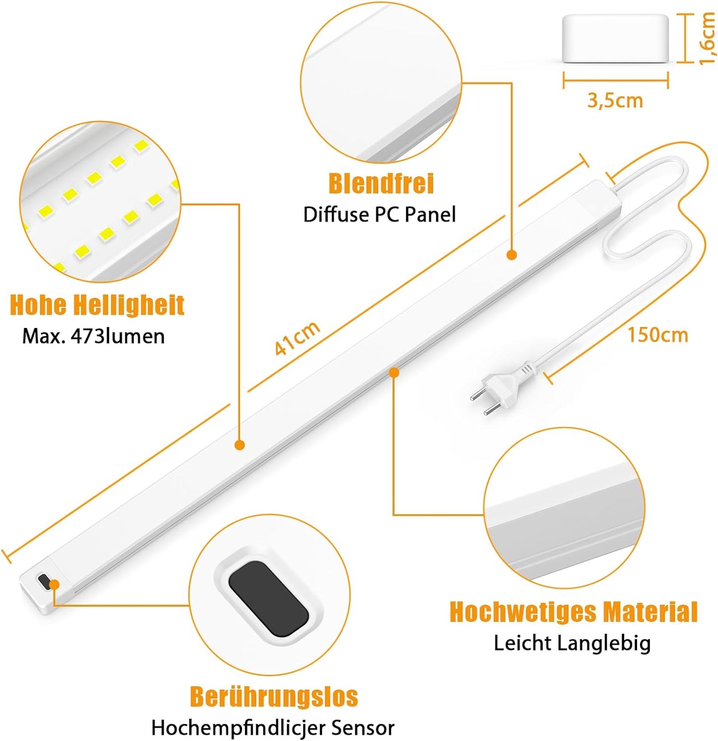 SIBI - Lampada Da Incasso a LED, Dimmerabile, 41 Cm, Luce Bianca Neutra, Con Sensore Senza Contatto, per Armadio, Scaffali, Banco Da Lavoro, 473 Lm, 4000 K