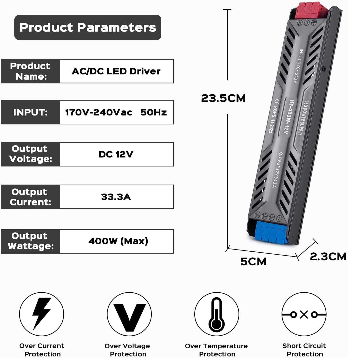 Transformador 220V a 12V,  Fuente Alimentacion 12V 400W 33,3A LED Driver, Ultra Fino 220V a 12V DC Driver De Bajo Tensión Controlador LED Voltaje Constante