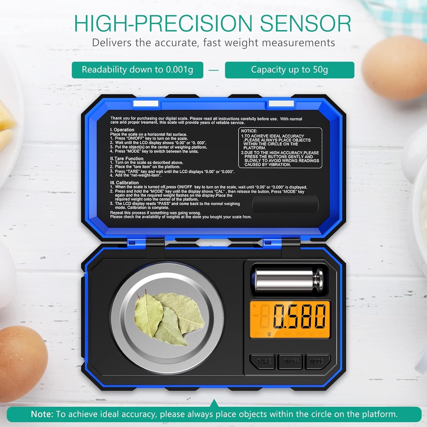 Báscula Digital De Precisión 50G/0.001G,  Mini Bilancia Da Cucina Con Peso Di Calibrazione 50 G E Pinzette, Bilancia Tascabile Con Display Tara E Retroilluminato (Batterie Incluse) - Blu