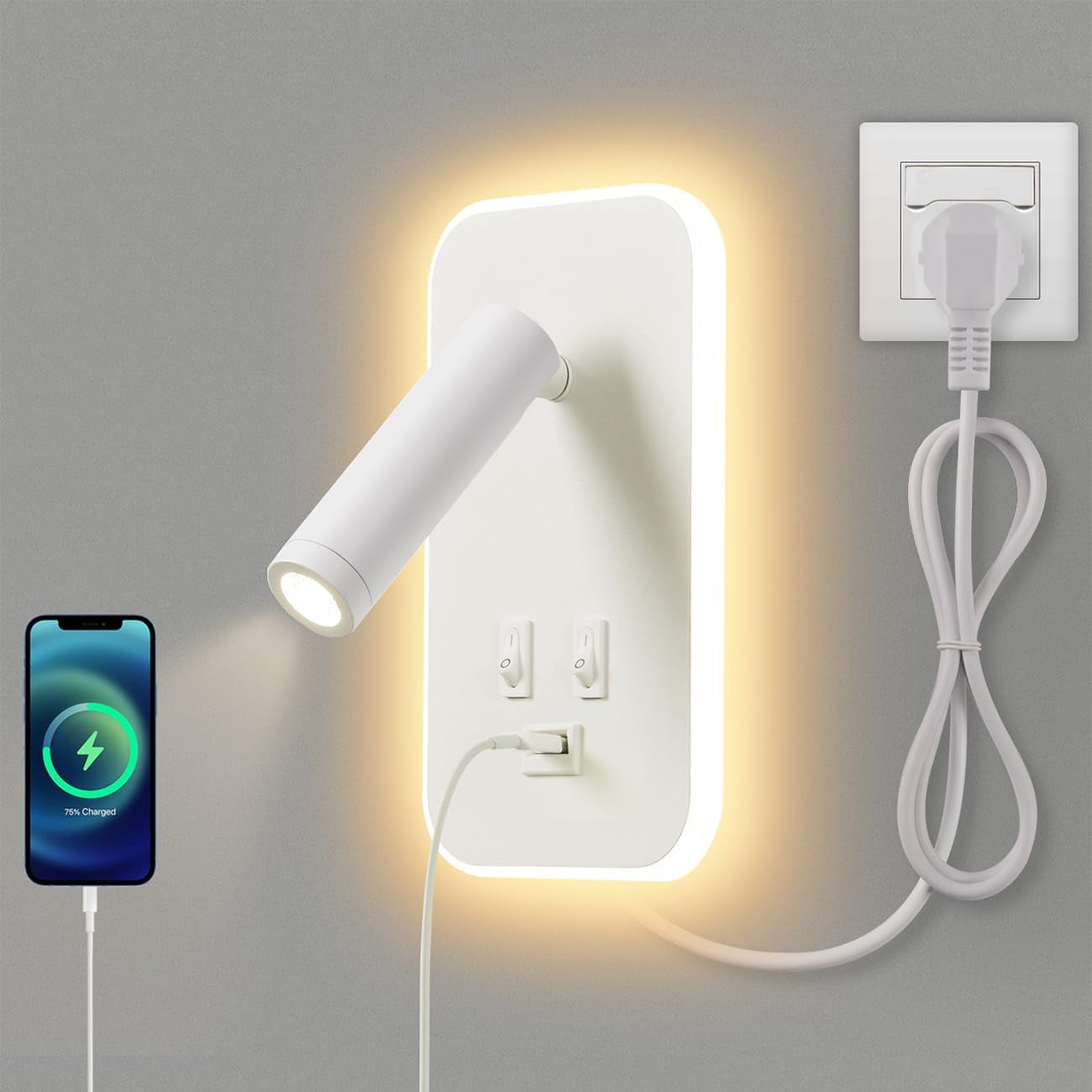 Lampada Da Parete a LED, Lampada Da Lettura Da Comodino, Con Porta Di Ricarica USB, Faretto Regolabile Con Luce Ambientale per Camera Da Letto (3W 3100K+9W 6000K) Con Cavo E Spina, Bianco