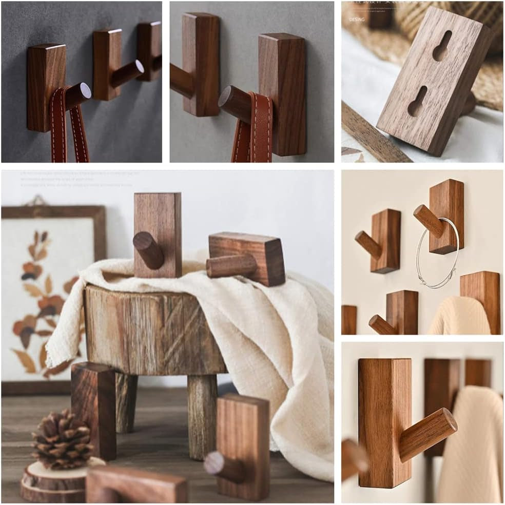 Confezione Da 4 Ganci Autoadesivi Da Parete in Legno, Appendiabiti Decorativi in Legno, Ganci in Legno, Ganci per Cappelli (Rettangolo Di Noce Nero- 4P)