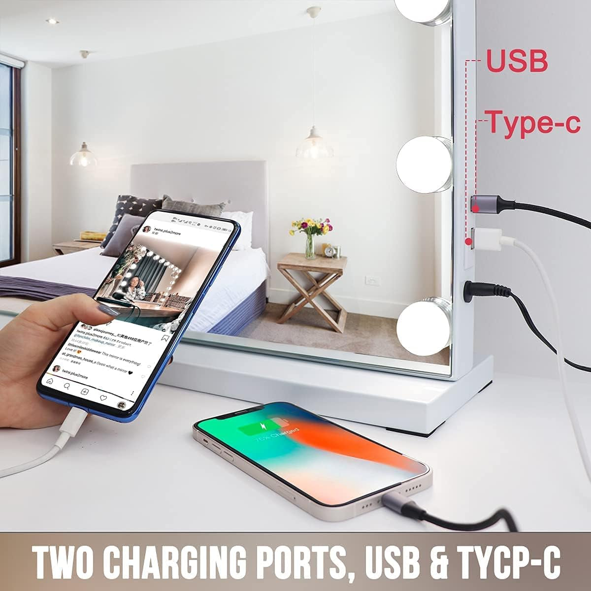 Specchio Trucco Con Luci Specchio Trucco Con 15 Lampadine LED USB-C&A Porta Di Ricarica Specchio Trucco Da Parete Tavolo Controllo Touch 3 Temperature Di Colore Specchio Hollywood 58X46Cm