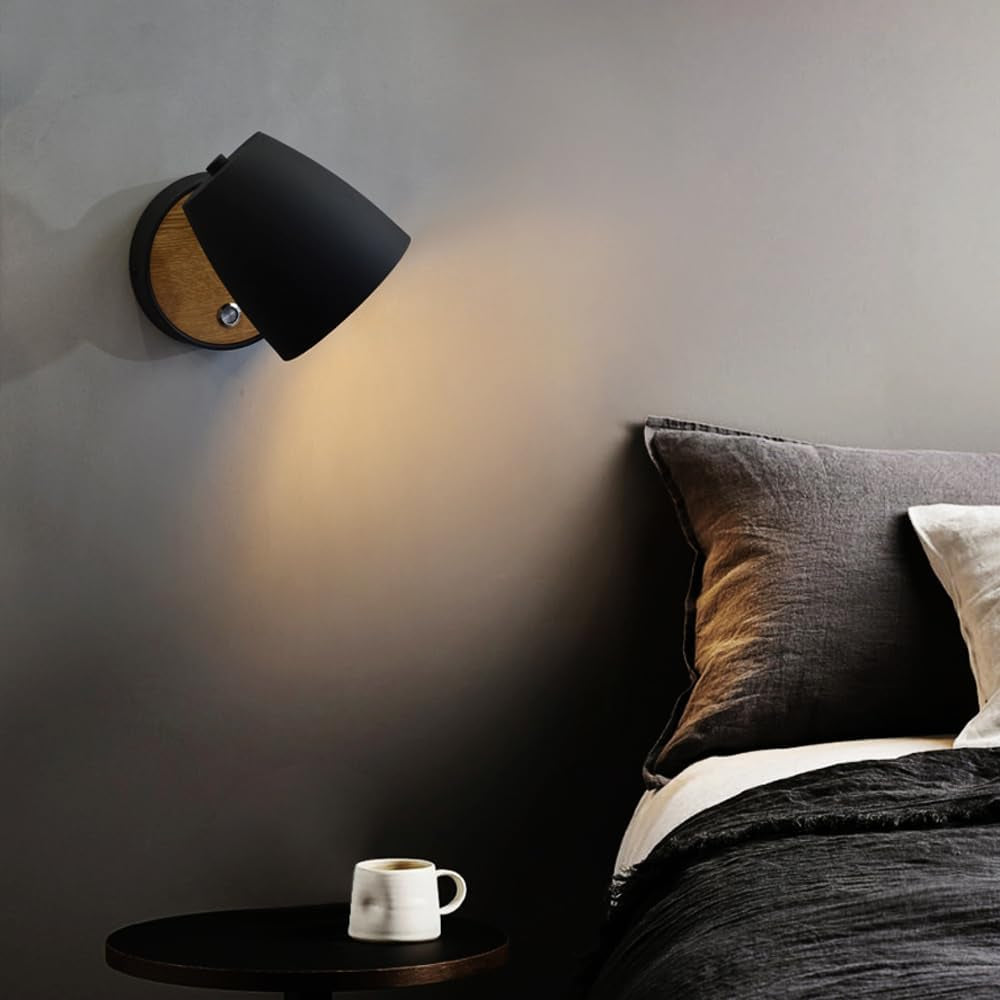 Lampada Da Parete Con Interruttore Nero,Lampada Da Parete in Legno Industriale, Paralume in Alluminio Ruotabile,Lampada Da Parete Moderna Interni per Camera Da Letto,Soggiorno,Corridoio,E27 1Pack