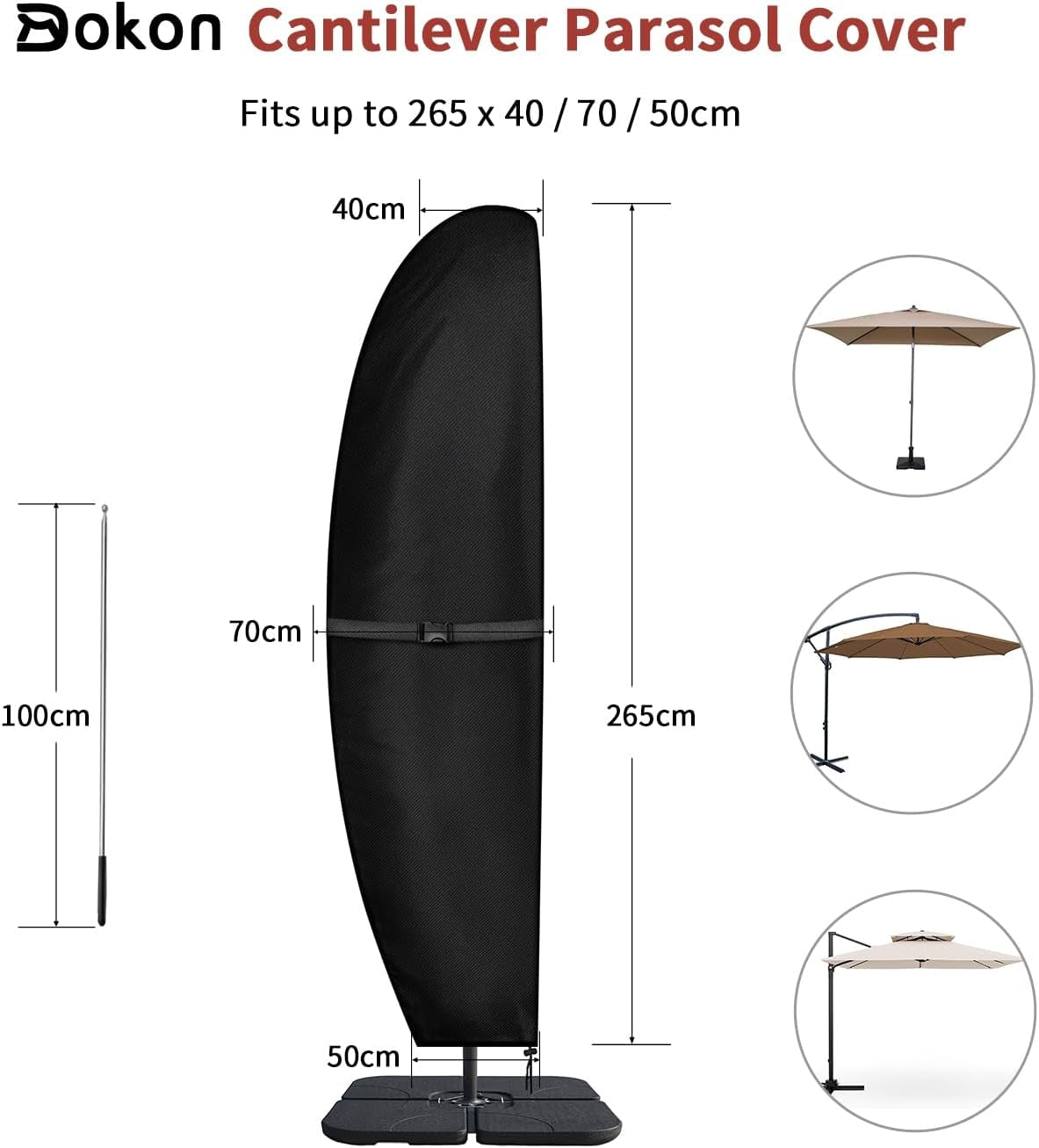 Copertura per Ombrellone a Braccio Decentrato Impermeabile, Tessuto Oxford 420D, Antivento, Anti-Uv Copertura Ombrellone Da Giardino Con Cerniera (265X40/70/50Cm) - Nero