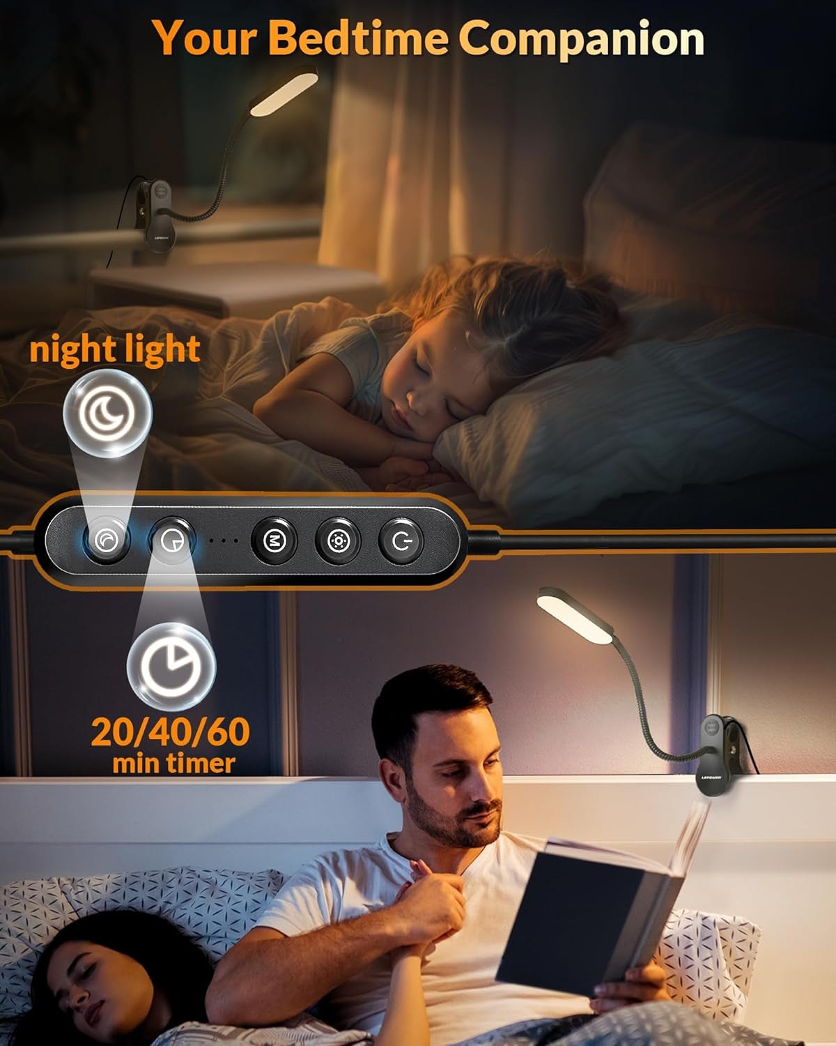 Lampada Da Lettura a 60 LED Con Clip, per Libri a Letto, Lampada Da Lettura Con Oltre 25 Opzioni Di Illuminazione, 3 Timer, Funzione Luce Notturna, Luce Da Libro per Leggere a Letto, Testiera,