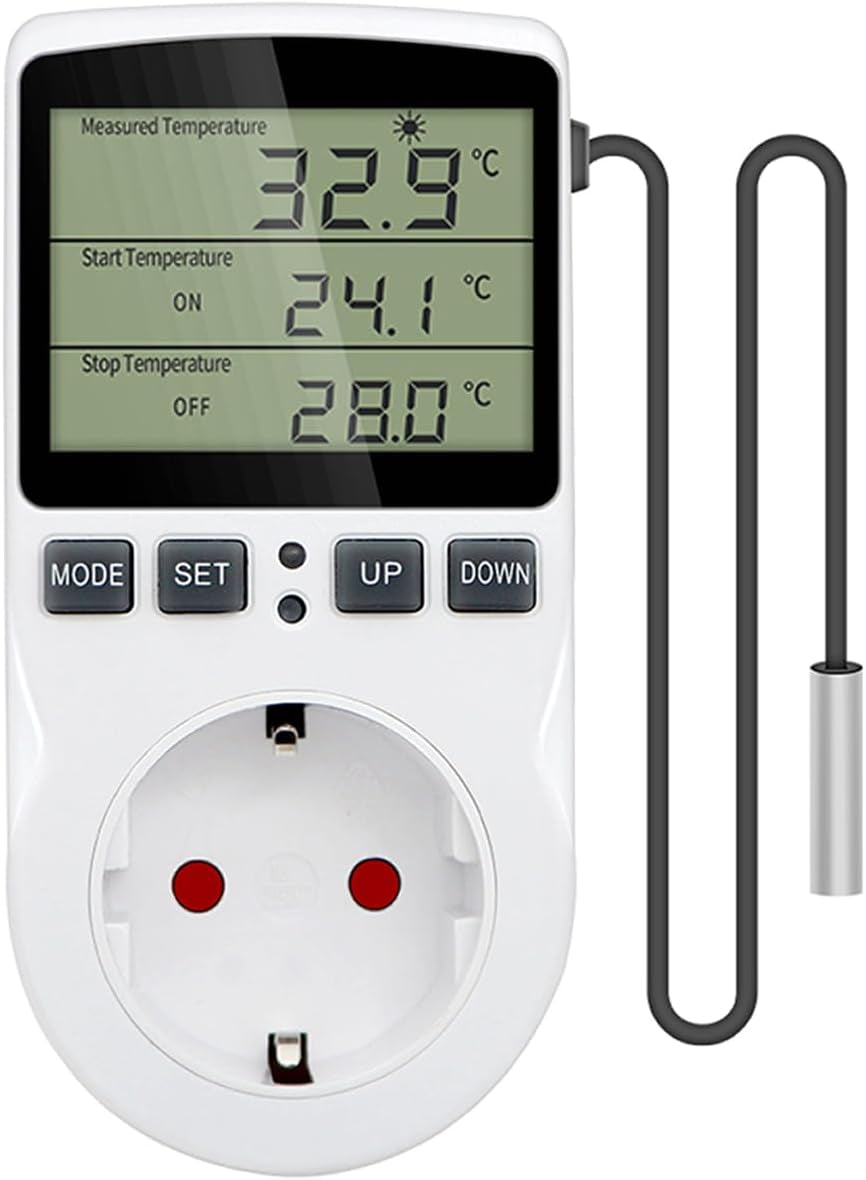 1PC Presa per Regolatore Di Temperatura Digitale AC 230V Con Sonda Sensore,Presa per Termostato per Riscaldamento E Raffreddamento Con Timer,Interruttore Termostato Con Display a LED per Serra