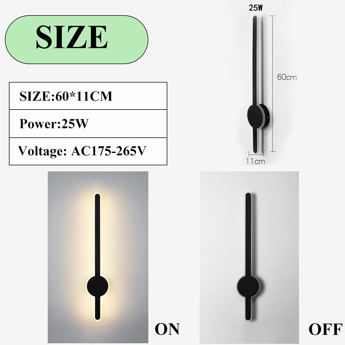 24W Applique Da Parete Interno,60Cm Applique LED Da Parete Interno,Applique Da Parete Design Tre Colori 3000K-6000K-4000K Regolabile,Lampada Da Parete Nero,220V Applique Camera Da Letto