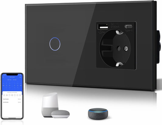 Presa Schuko Normale Con Interruttore Smart Alexa Wifi Touch in Vetro 3 in 1 USB + Sensore Touch Wifi Di Tipo C, Interruttore Da Parete Work Con Google Home 1 Scomparto 1 Via, Nero (Neutro