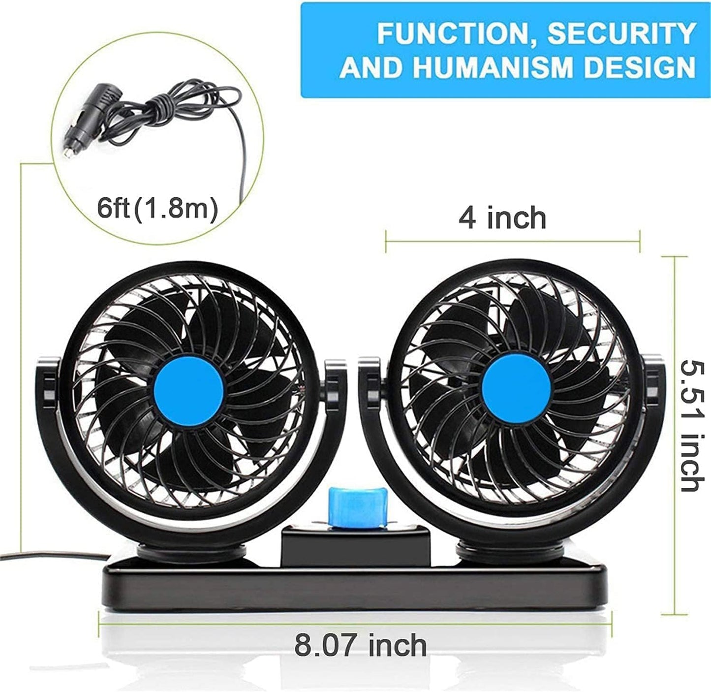 Ventilatore Auto Doppia Testa Refrigeranti 12V, Basso Rumore Ventilatore Elettrico a 2 Velocità & Rotante a 360°, 4" Aria Di Raffreddamento Estiva per Camion, Barche, SUV, Camper