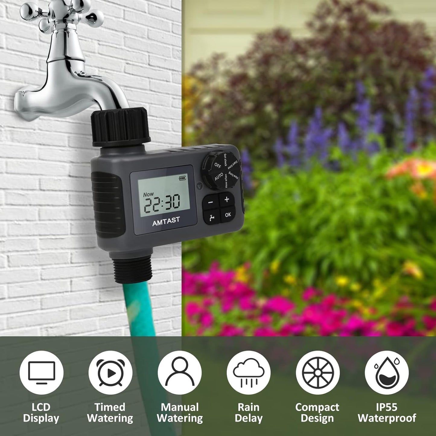 Timer per Irrigazione, Timer per Irrigazione Da Giardino, Con Ritardo Di Pioggia E Sistema Di Irrigazione Manuale Automatico per Il Riempimento Di Piscine Da Prato, Tubo a Uscita Singola Programmabile per Irrigazione (Solo per Uso Esterno)