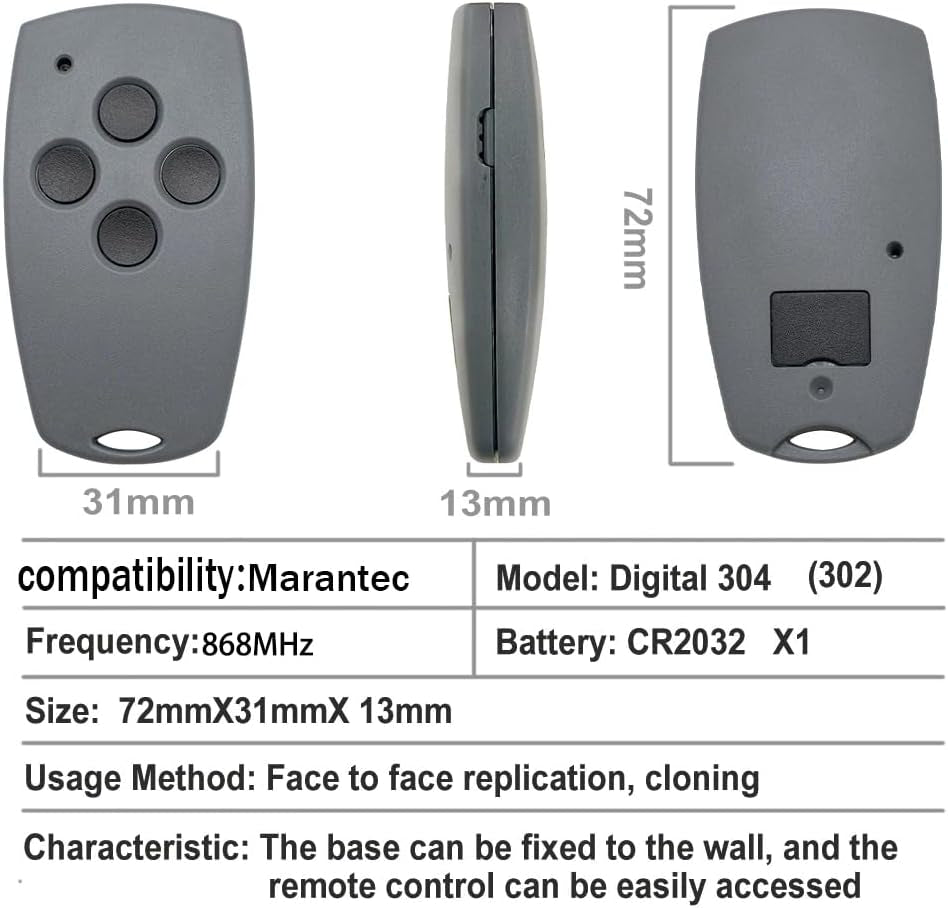 868,3 Mhz Apriporta Garage, Telecomando Compatibile Con 868 Mhz Marantec Digital 302, 384, 304, 313, 321, 323, 131 868, Trasmettitore Manuale 2 Pezzi