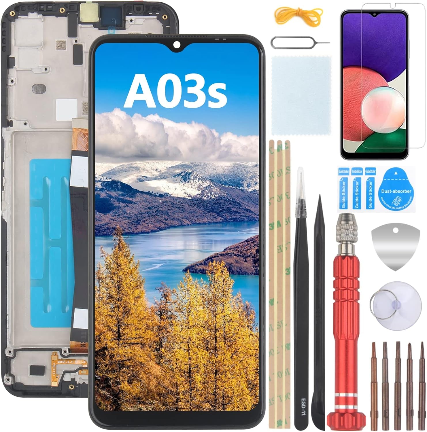 Nero+Telaio Schermo per Samsung Galaxy A03S SM-A037G LCD Display Touch Screen Digitizer Ricambio Assembly Con Utensili Inclusi E per Galaxy A03S SM-A037G Vetro Temperato