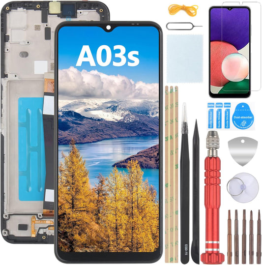 Nero+Telaio Schermo per Samsung Galaxy A03S SM-A037G LCD Display Touch Screen Digitizer Ricambio Assembly Con Utensili Inclusi E per Galaxy A03S SM-A037G Vetro Temperato