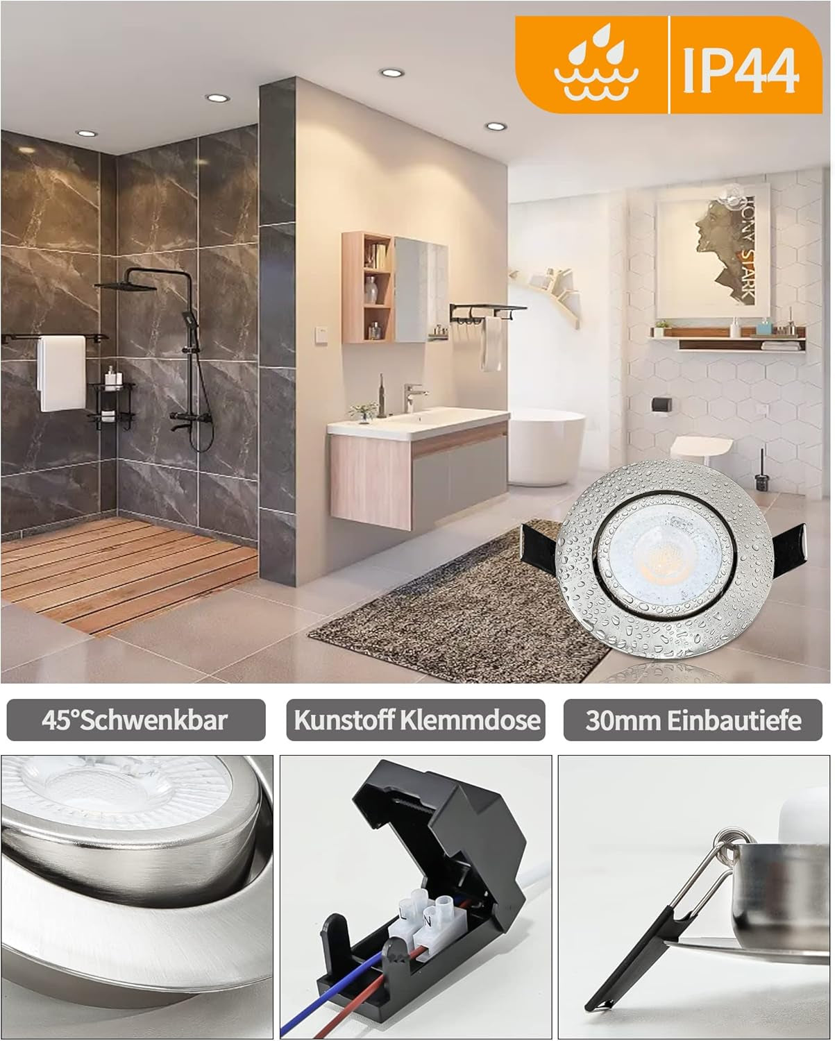 BOYIR Set di 3 faretti da incasso a LED 230V faretti LED ultra piatti 3 livelli dimmerabili 6W 4000K luci da incasso bianco neutro 550LM Faretti da incasso a LED orientabili IP44 faretti da soffitto adatti al bagno 68 mm