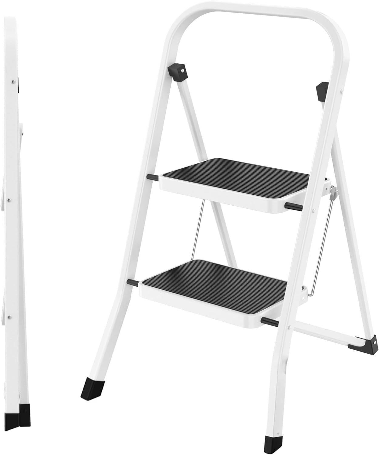 Scala a 2 Gradini Sgabello Pieghevole Leggero per Adulti Con Pedale Antiscivolo, Stabile Scala Portatile in Acciaio Con Corrimano, per La Cucina Di Casa, Portata 150 Kg, Bianco