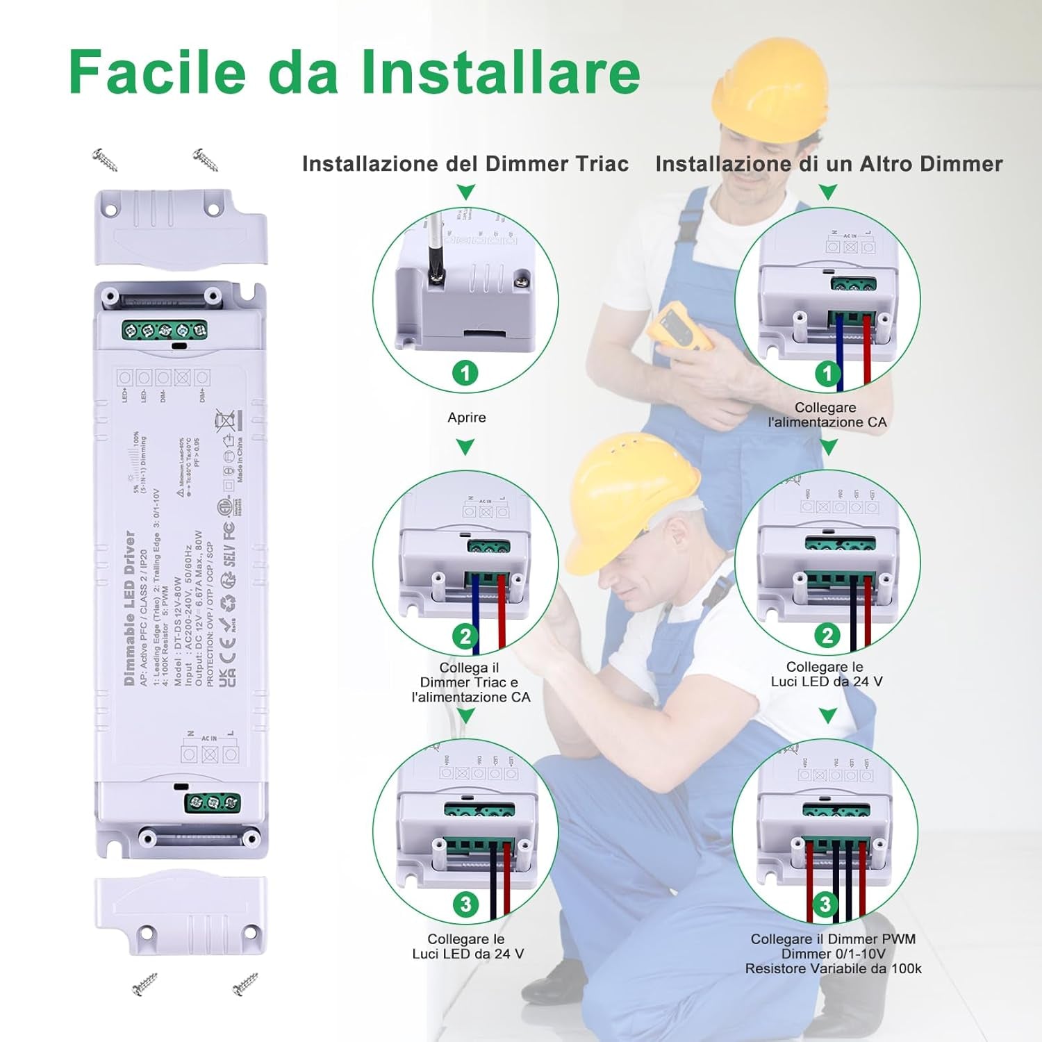 Trasformatore LED 24V 80W Dimmerabile, Triac & 0-10V&1-10V & PWM & Resistenza Da 100K, Alimentatore 24V 3.33A Di Tensione Costante, Driver LED AC 220V to DC Trasformatori Di Bassa Tensione