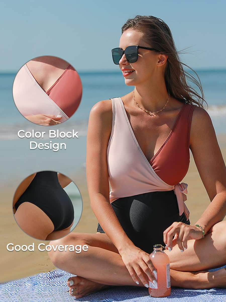 Costume Da Bagno Premaman Donna Intero Maternità Da Spiaggia Scollo a V Rosa/Nero M