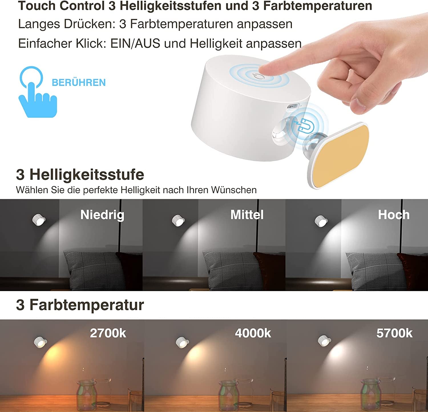 - Lampada Da Parete a LED per Interni, Con Batteria, 1 Pezzo, Controllo Touch, 3 Livelli Di Luminosità, Girevole a 360°, per Soggiorno, Camera Da Letto, Scale, Corridoio, Lampada Wireless