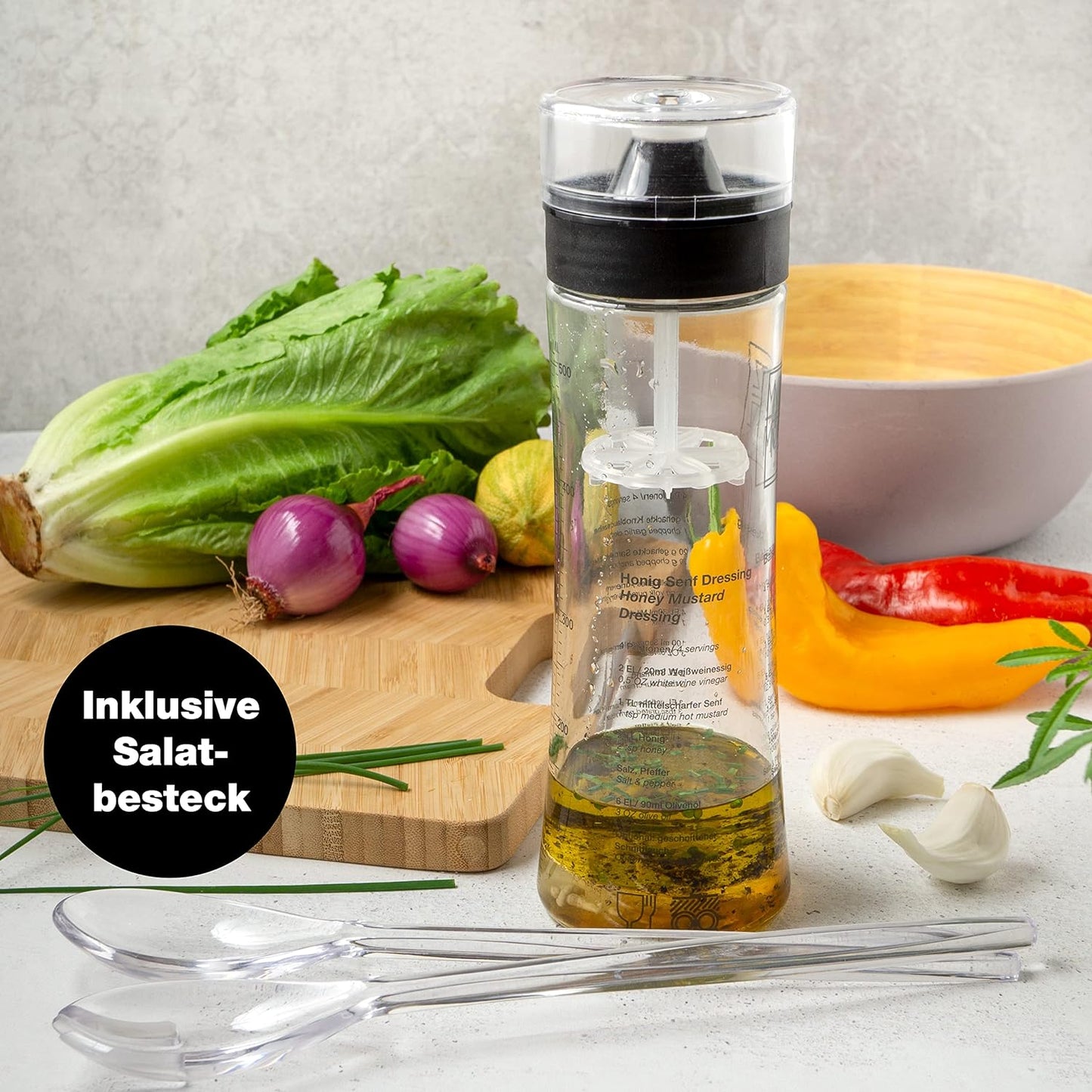 Shaker per Condimento 500 Ml – Recipiente in Vetro per Condimenti per Insalata Con Scala Graduata E 3 Ricette in Tedesco E Inglese - Comprese Posate per Insalata