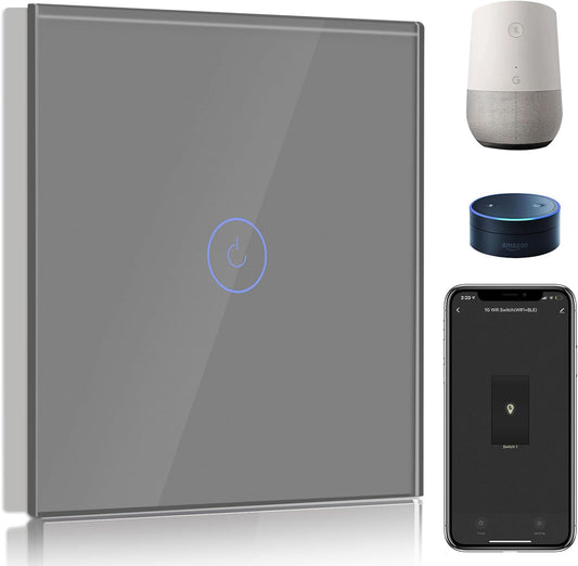 Interruttore Connesso Wifi,Grigio Interruttore Va E Vient Wireless Con Touch Screen, 1 Gang 2 Vie Interruttore Tattile Da Parete Wifi,Compatibile Con Alexa E Google Home(Linea Neutra Richiesta)