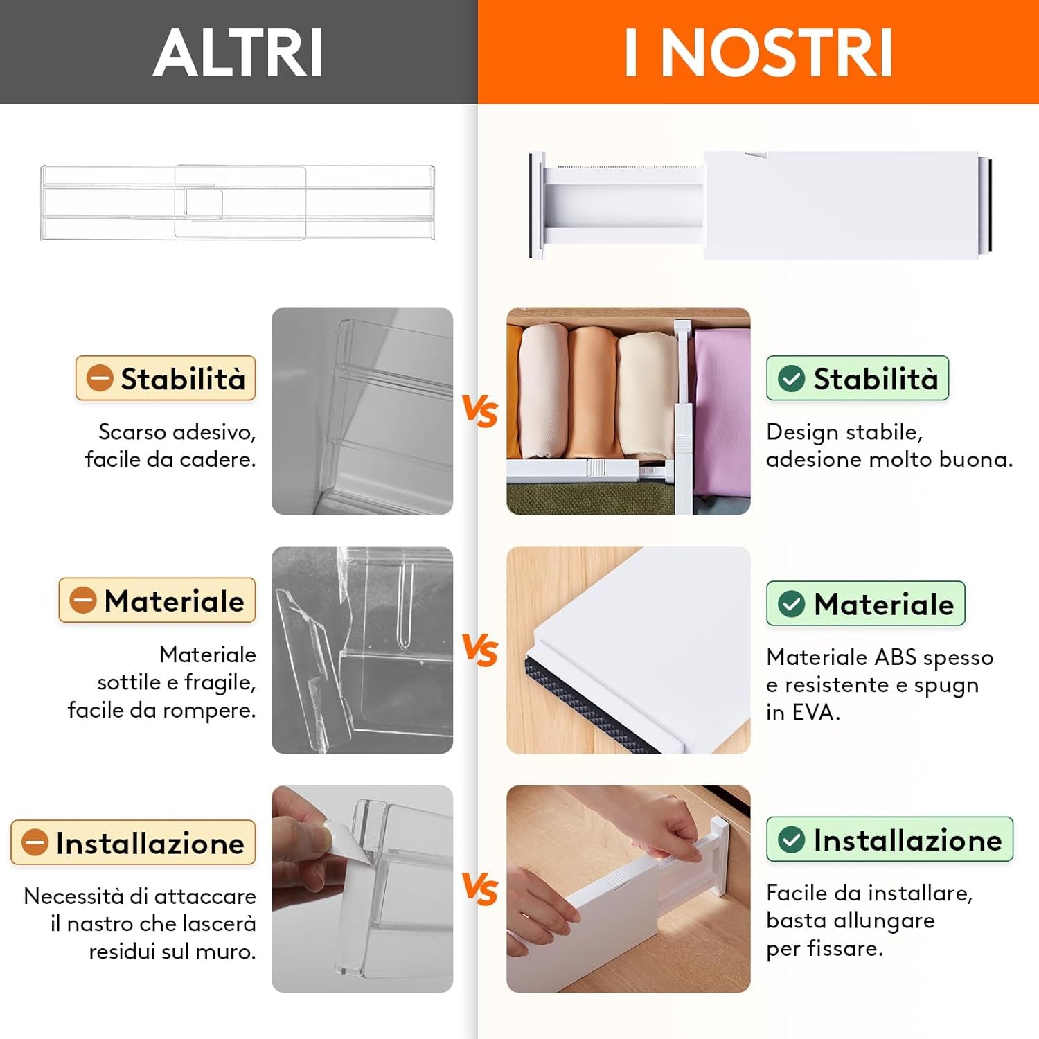 Divisori per Cassetti in Plastica Confezione Da 4 Alti 10 Cm, 28-44,5 Cm Organizzatori per Cassetti Regolabili, Separatori per Cassetti Espandibili per Camera Da Letto/Bagno/Cucina/Ufficio