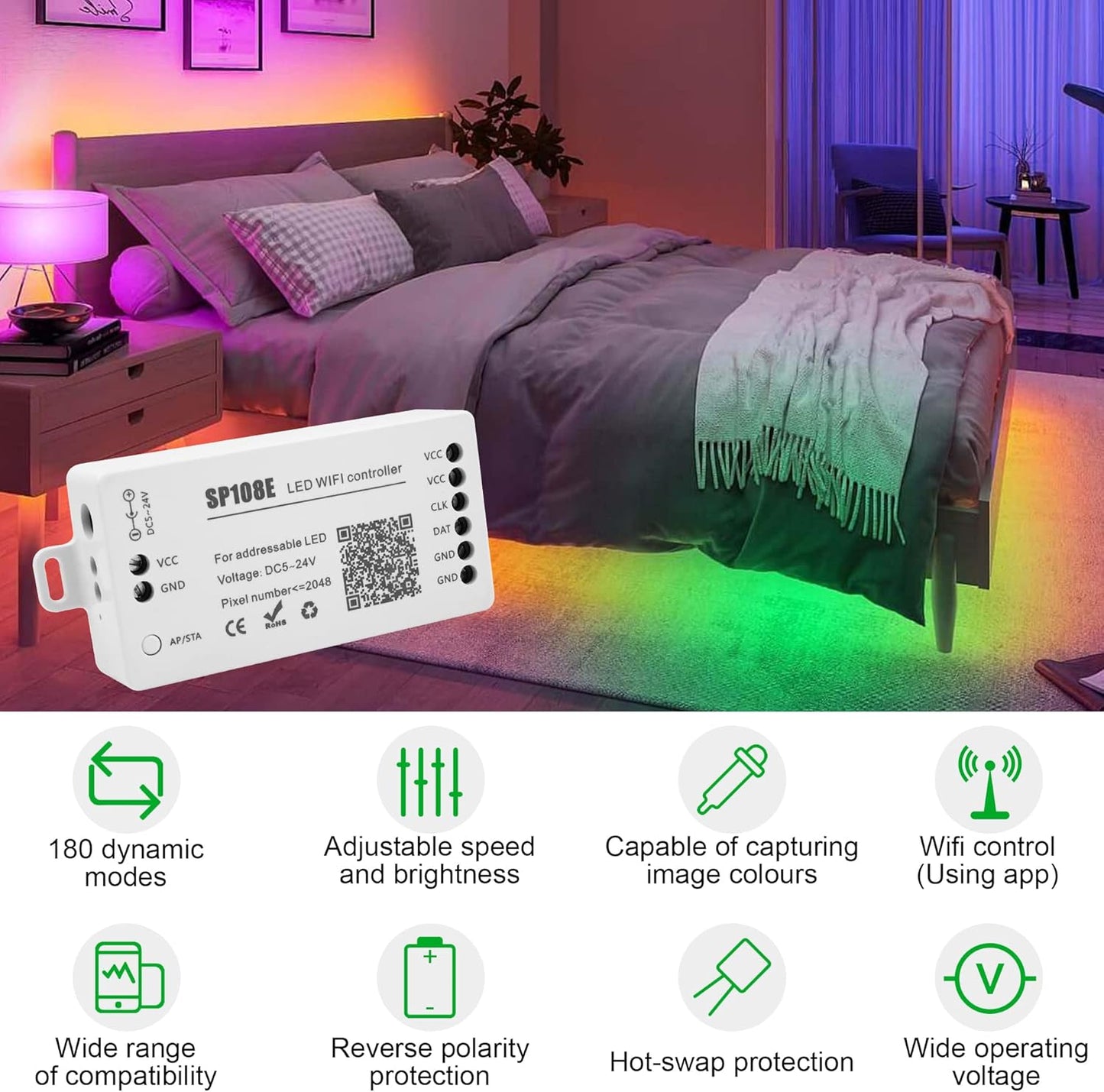 SP108E Controller Wifi DC 5-24V per Strisce LED, Controllore Wifi Dell'App Ios Android per Striscia LED RGBW WS2812 WS2813 WS2815 [Classe Di Efficienza Energetica A]