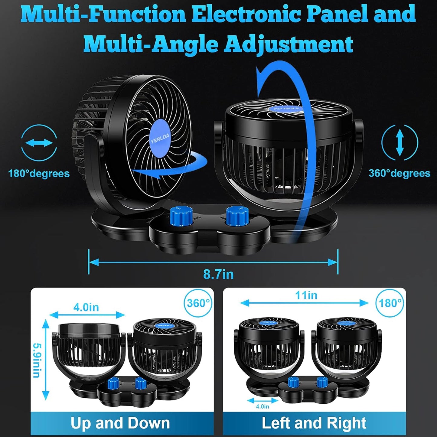 Ventilatore 12V, Ventilatore Auto a Doppia Testa, Ventilatore Auto 360° Ruotabile,Ventilatore 12V Di Raffreddamento, Ventole Silenziose Con Presa Accendisigari per SUV, Camper, Barca,Suv RV ATV