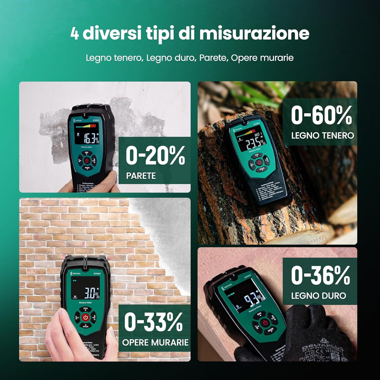 Misuratore Di Umidità in Legno, Misuratore Di Umidità Non Invasivo Con 4 Modalità, Display LCD Con Retroilluminazione, Controllo Dell'Umidità Del Legno E Dei Materiali Da Costruzione