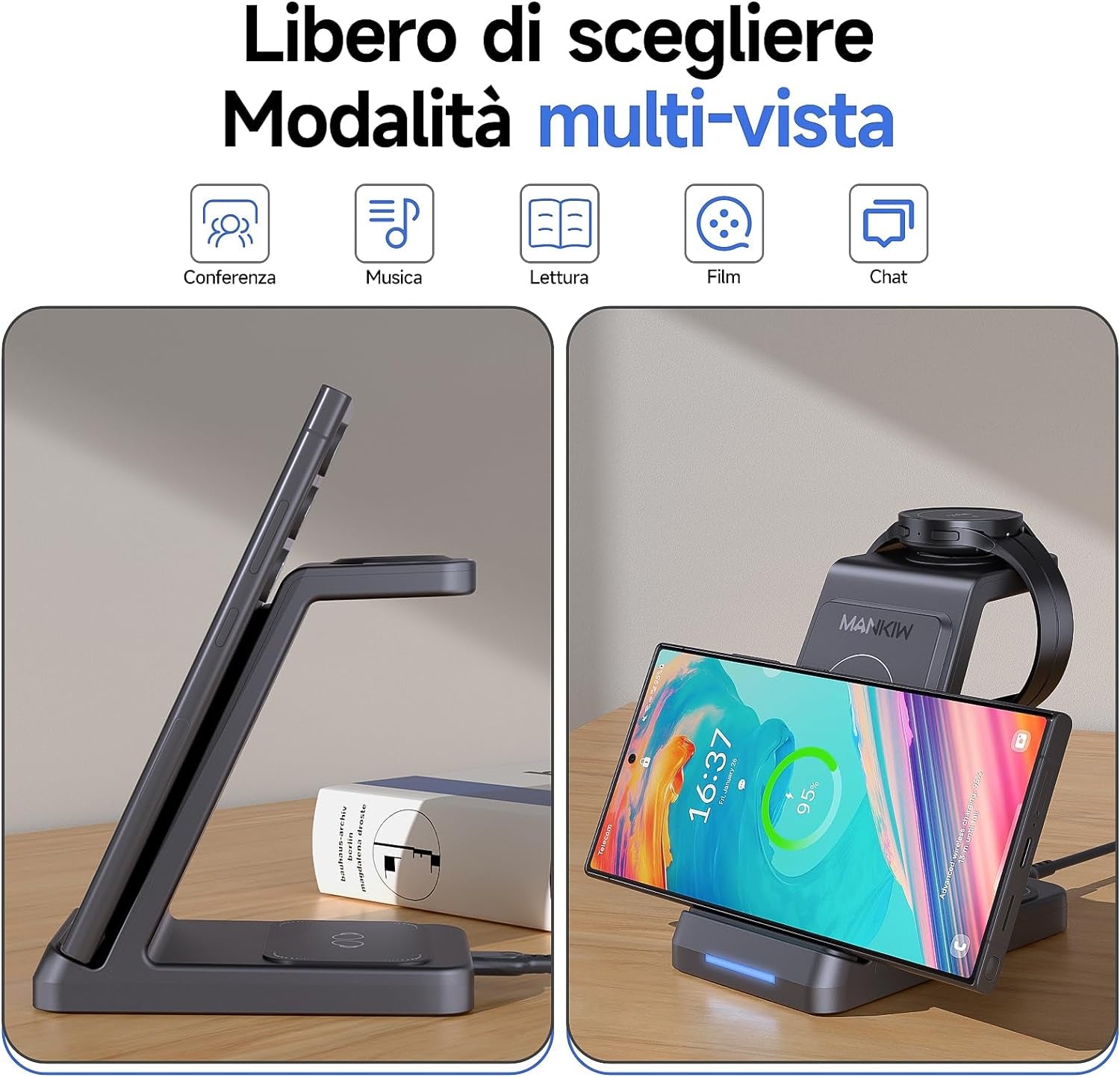 Caricatore Wireless per Samsung,3 in 1 Ricarica Wireless per Samsung S24/S23/S22/S21/S20, Z Fold 5/4/3, Note20/10 Ultra, Watch 6/5/4/3/Active, Buds2/+/Pro/Live