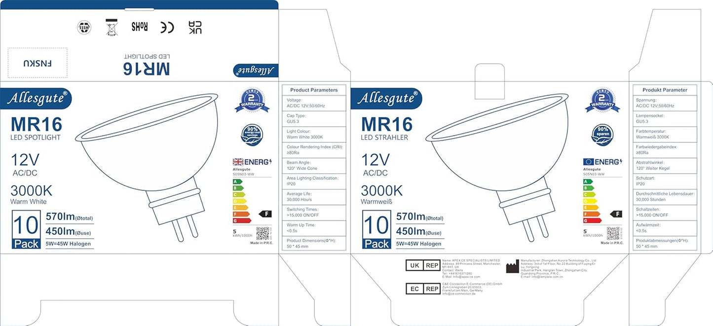 Confezione Da 10 Lampadine LED MR16 GU5.3, Bianco Caldo 3000K, 5W Equivalente a Lampadina Alogena 45W, AC/DC 12V LED Spot MR16 Luminoso 480LM, Angolo Di Emissione 120° Ø50X45Mm, Non Dimmerabile