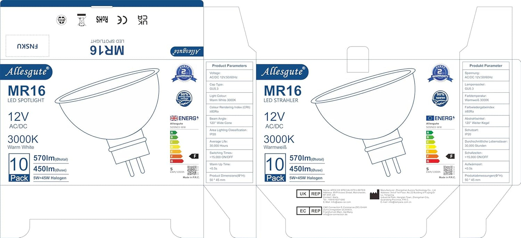 Confezione Da 10 Lampadine LED MR16 GU5.3, Bianco Caldo 3000K, 5W Equivalente a Lampadina Alogena 45W, AC/DC 12V LED Spot MR16 Luminoso 480LM, Angolo Di Emissione 120° Ø50X45Mm, Non Dimmerabile