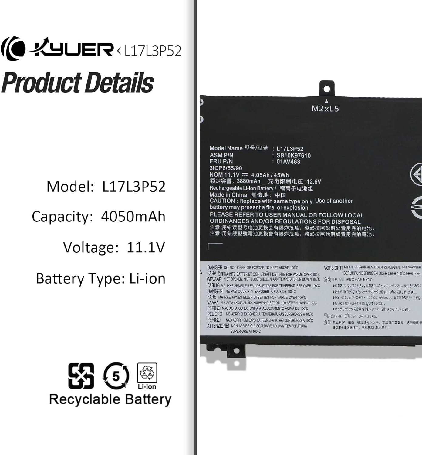45Wh L17L3P52 L17M3P53 Batteria per Lenovo Thinkpad L480 L490 L580 L590 L14 L15 2020 2021 G1 G2 Gen 1 Gen 2 01AV463 01AV464 01AV465 01AV466 L17C3P52 L17M3P54 SB10K97610 SB10K97611 SB10K97612