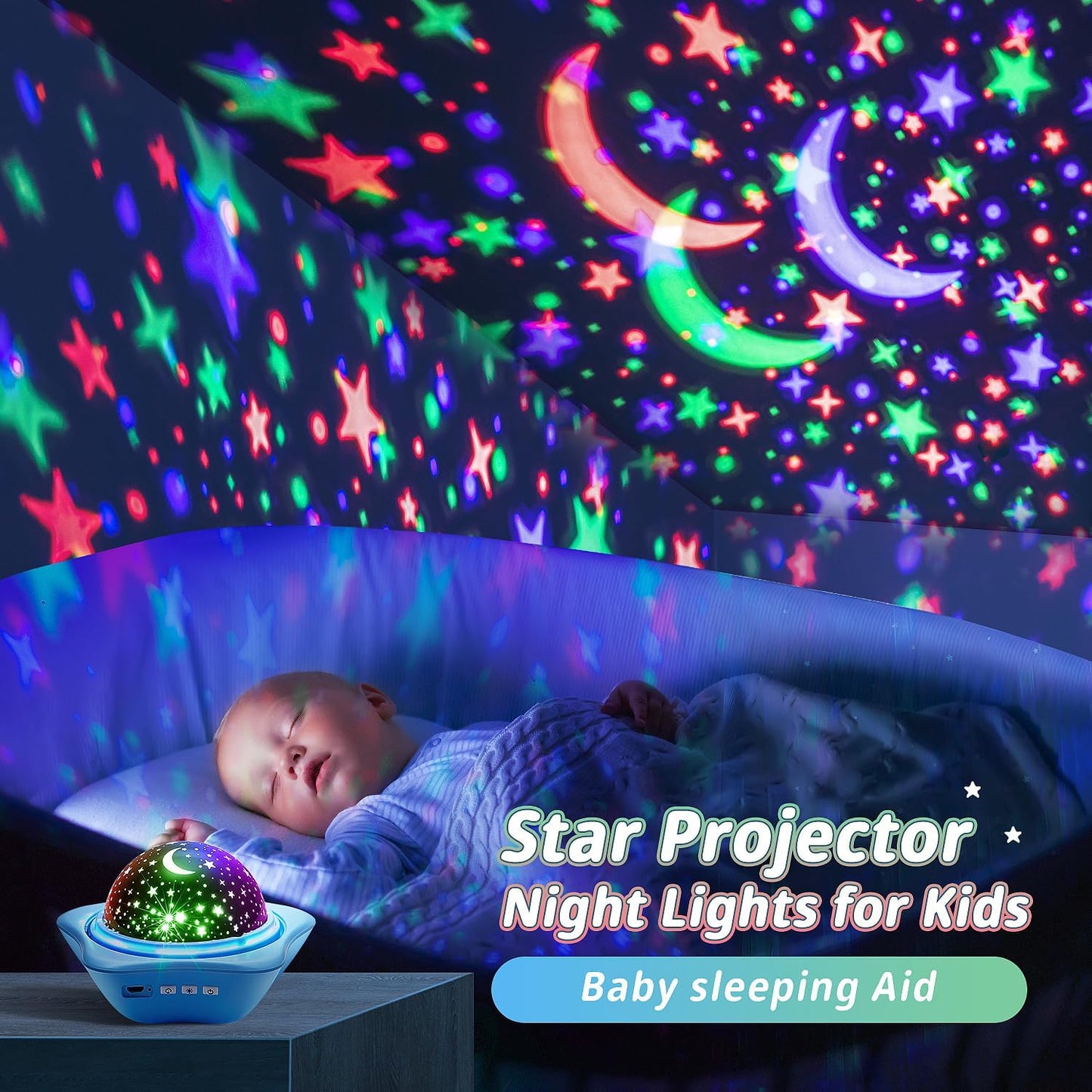 Proiettore Stelle Soffitto, 45 Modalità Luce Notturna Bambini,3 Film 360° Lampada Proiettore,Ricaricabile Lampada Notturna Proiettore Soffitto Regalo Battesimo Bambina Decorazioni Camera