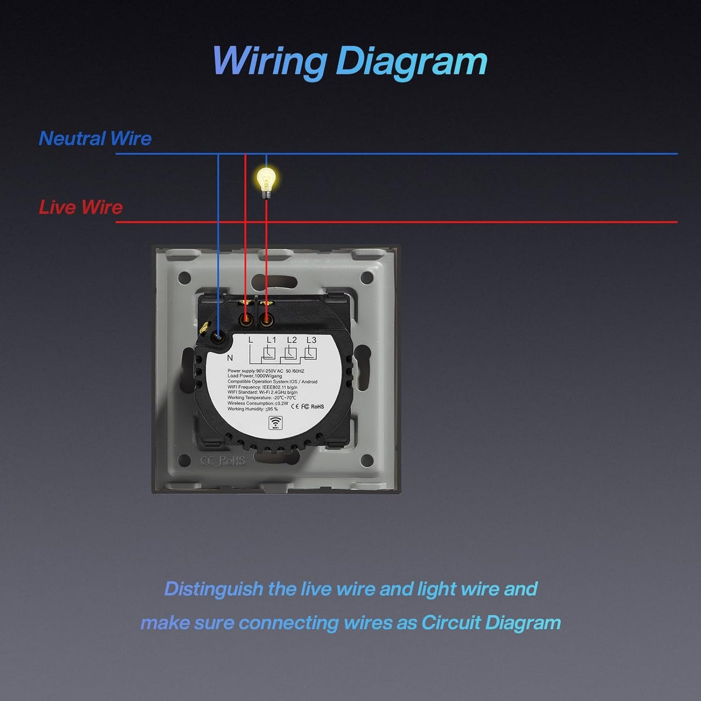 Smart Wifi 1 Banda 1 via Alexa Commutabile Interruttori Nero, Pannello Di Vetro Interruttore Della Luce Della Parete, Controllo Voce/App Condivisione Interruttori Wifi (Cavo Neutro Richiesto)