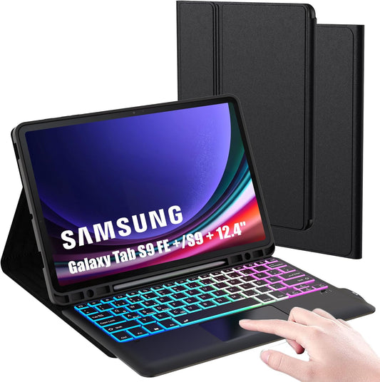 Custodia per Galaxy Tab S9 FE+/S9+ plus Da 12,4 Pollici Con Tastiera QWERTZ: Retroilluminazione a 3 Zone a 7 Colori, Smart Touchpad, Tastiera Rimovibile per Samsung Galaxy Tab S9 FE+/S9+ 12.4"