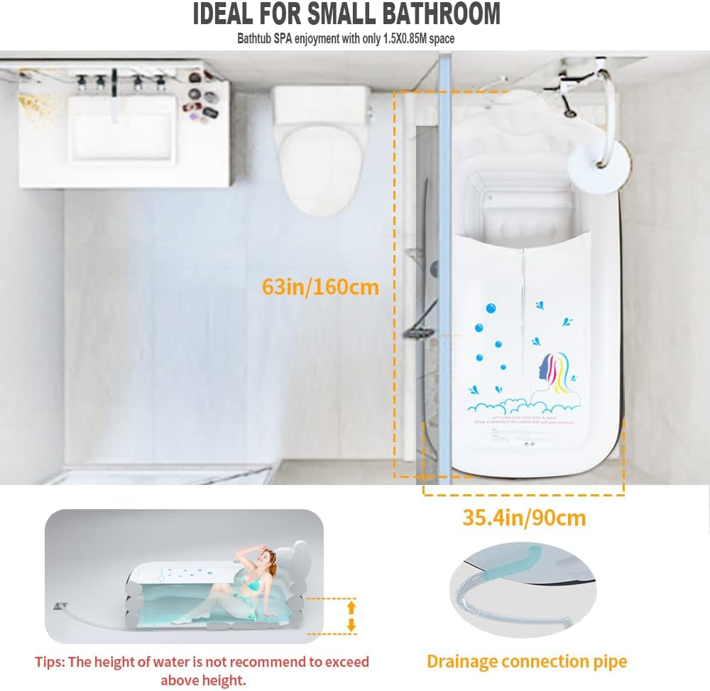 Vasca Gonfiabile Gonfiabile Con Base Da Bagno, Poggiatesta, Portabicchieri E Tasca Portaoggetti, Pieghevole E Portatile, per Spa per Adulti, Ideale per Bagno Caldo/Bagno Di Ghiaccio, 160 X 90 X