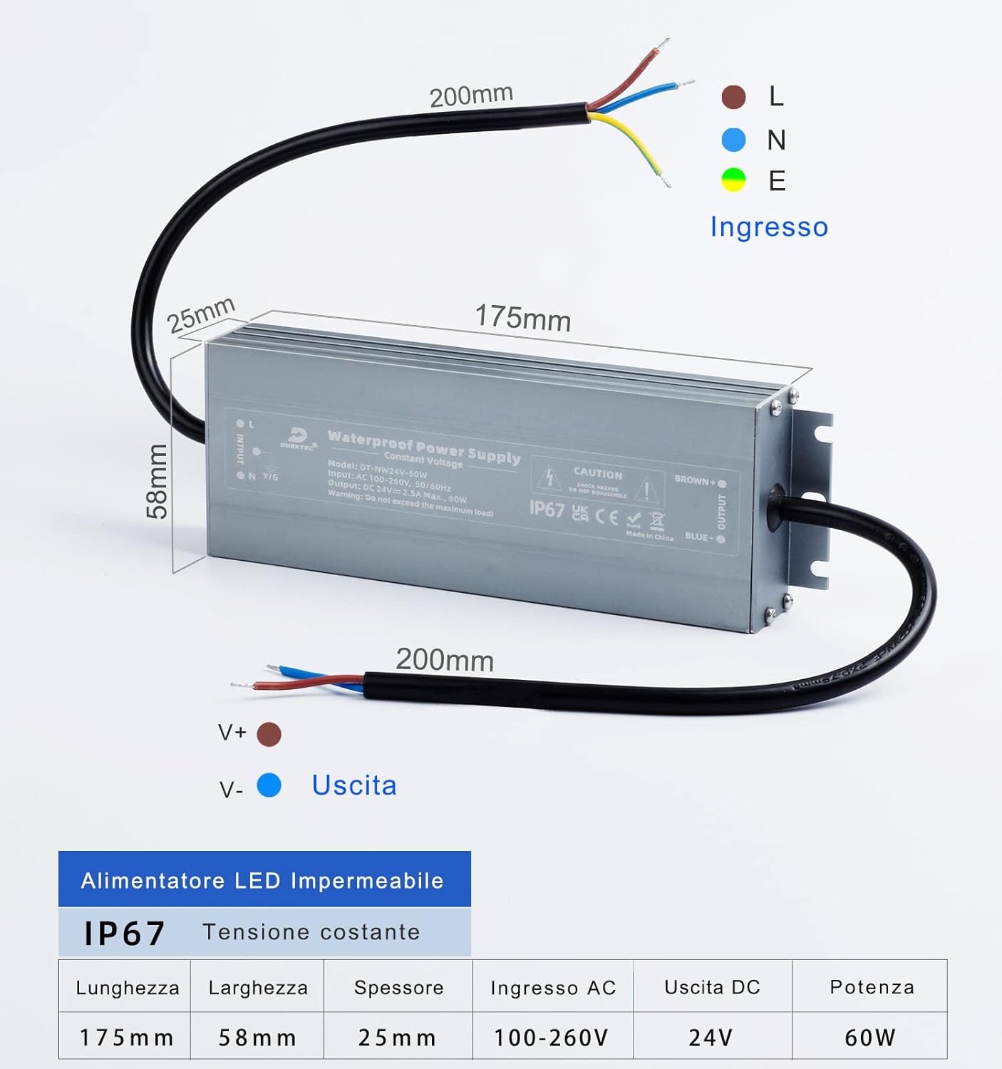 Trasformatore LED 24V 60W Alimentatore 220 24V DC, IP67 LED Driver 2.5A Impermeabile per Esterni, Adattatore LED a Tensione Costante per Strisce LED Luci per Armadi E Lampadine LED -