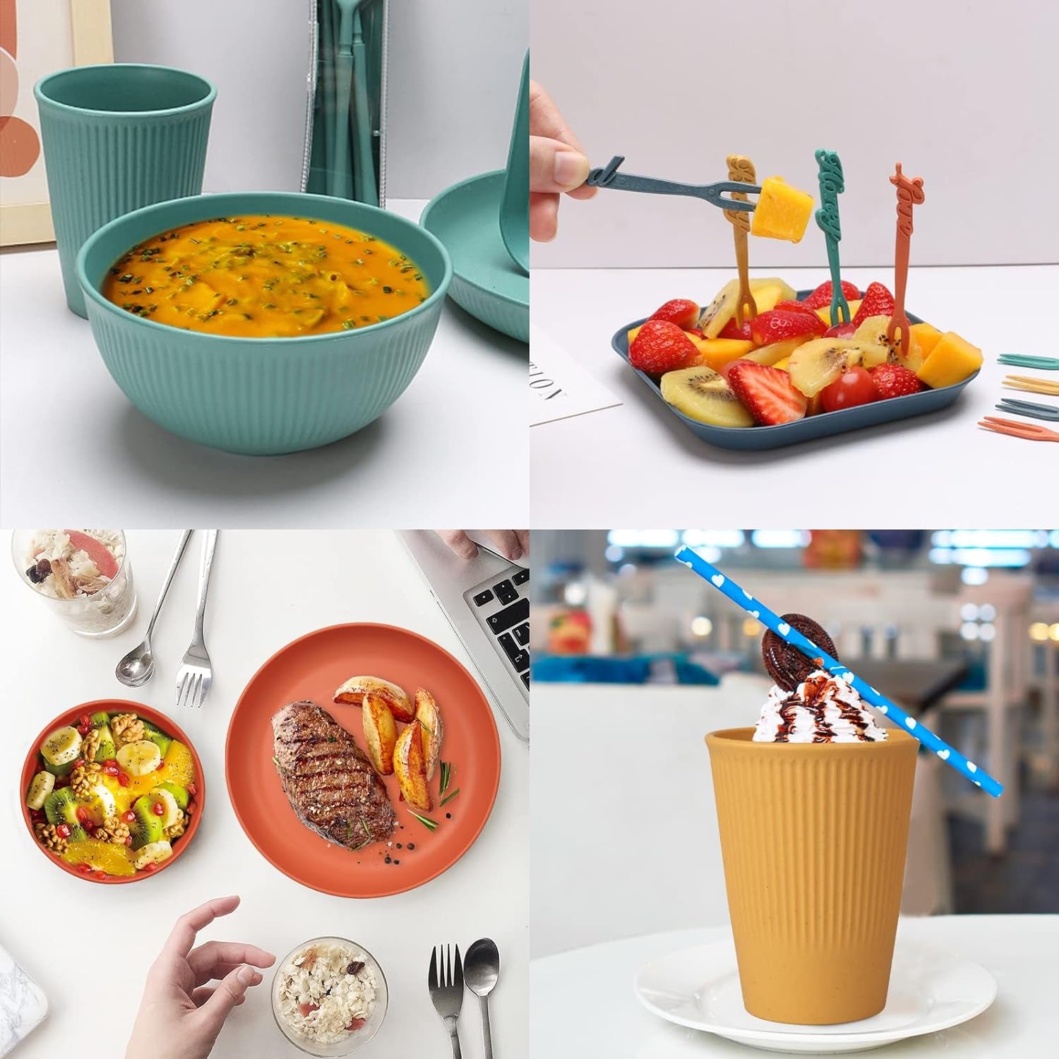 Set Di Stoviglie Infrangibili per 4 Persone, Set Di Piatti E Ciotole in Plastica Set Di Stoviglie Riutilizzabili, Set Da Tavola 4 Piatti Piani,4 Piatti Da Dessert,4 Ciotole,4 Tazze,16 Set Di Posate