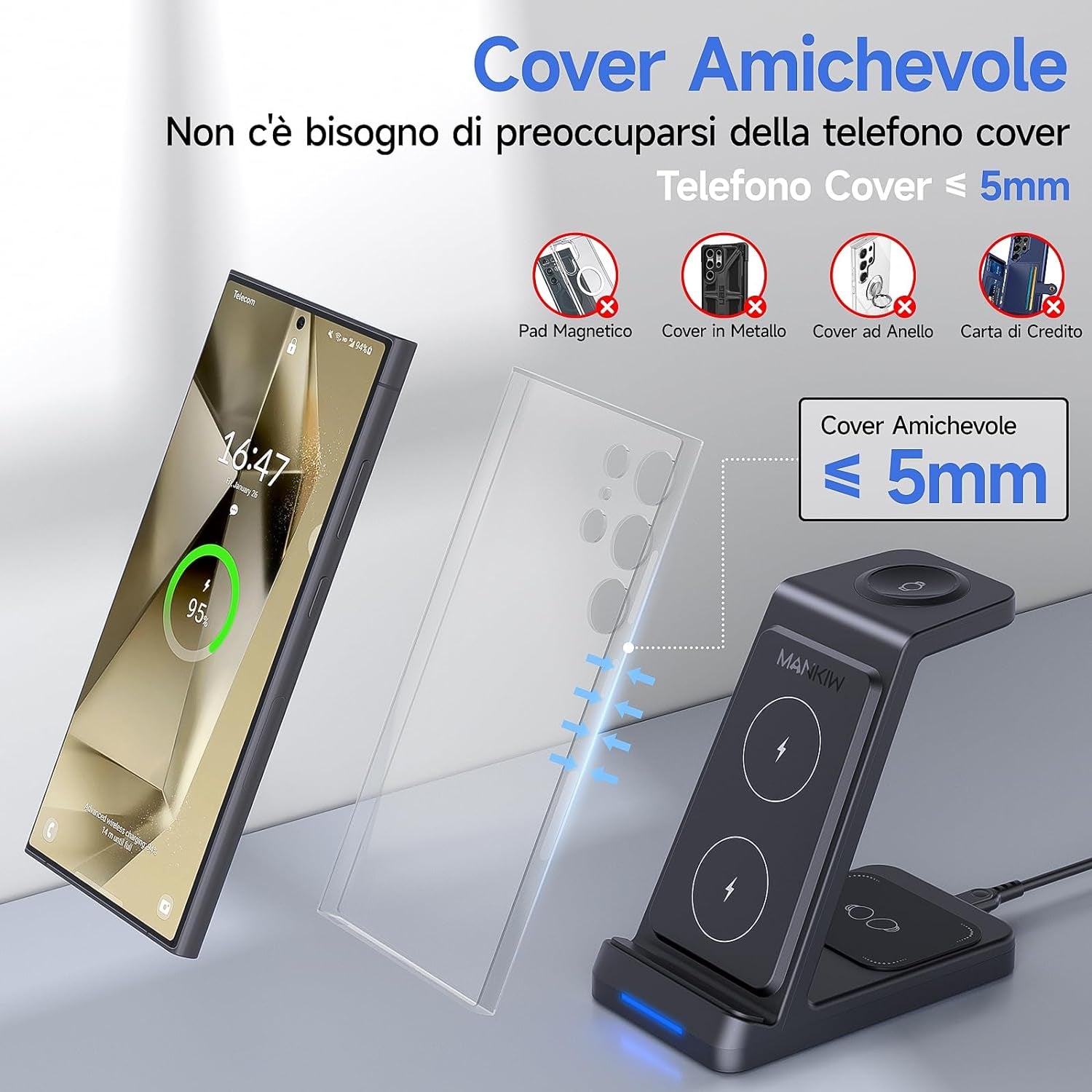 Caricatore Wireless per Samsung,3 in 1 Ricarica Wireless per Samsung S24/S23/S22/S21/S20, Z Fold 5/4/3, Note20/10 Ultra, Watch 6/5/4/3/Active, Buds2/+/Pro/Live