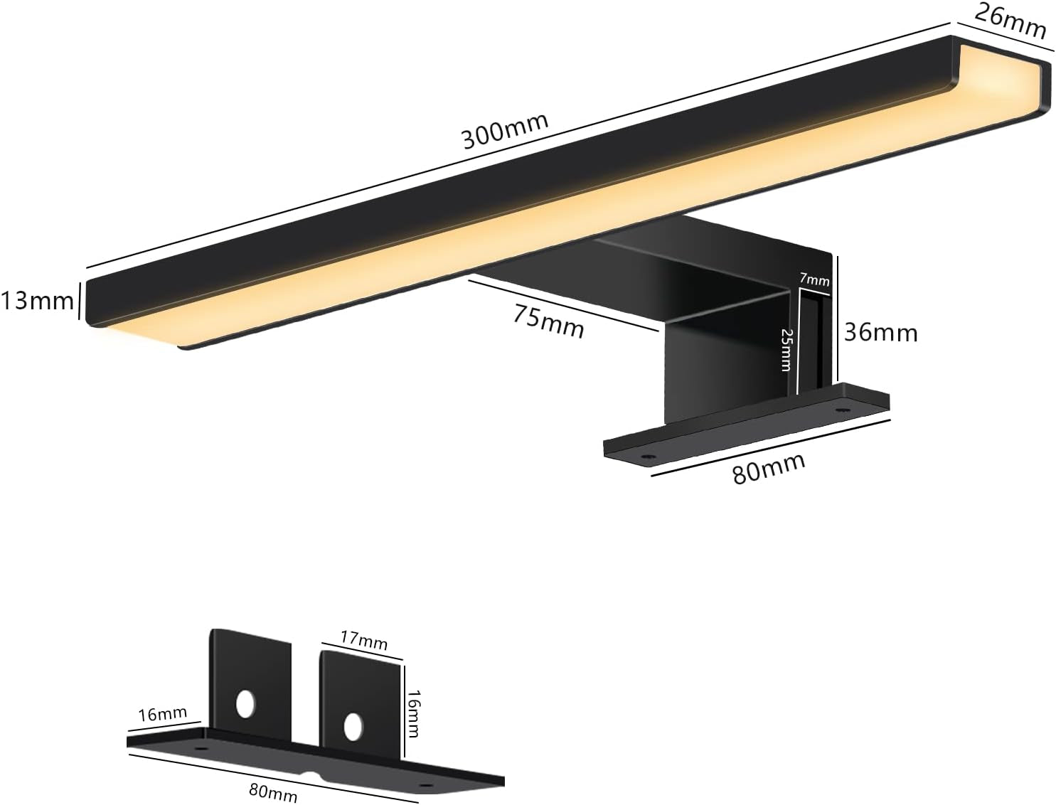 5W Lampada Da Specchio LED per Bagno 3000K Bianco Caldo, 30Cm 400Lm Lampada Da Armadio IP44, Lampada Da Bagno Nera per Spechio Luce per Trucco (300Mm)