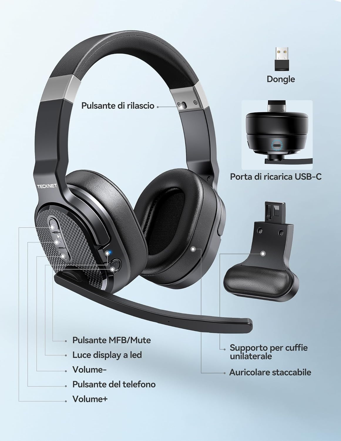 Cuffie Bluetooth Con Microfono, USB Dongle Cancellazione Del Rumore Singolo E Doppio Auricolare Senza Fili Con 3 Modalità Di Musica EQ, Cuffie PC per Call Center, Ufficio, Camion