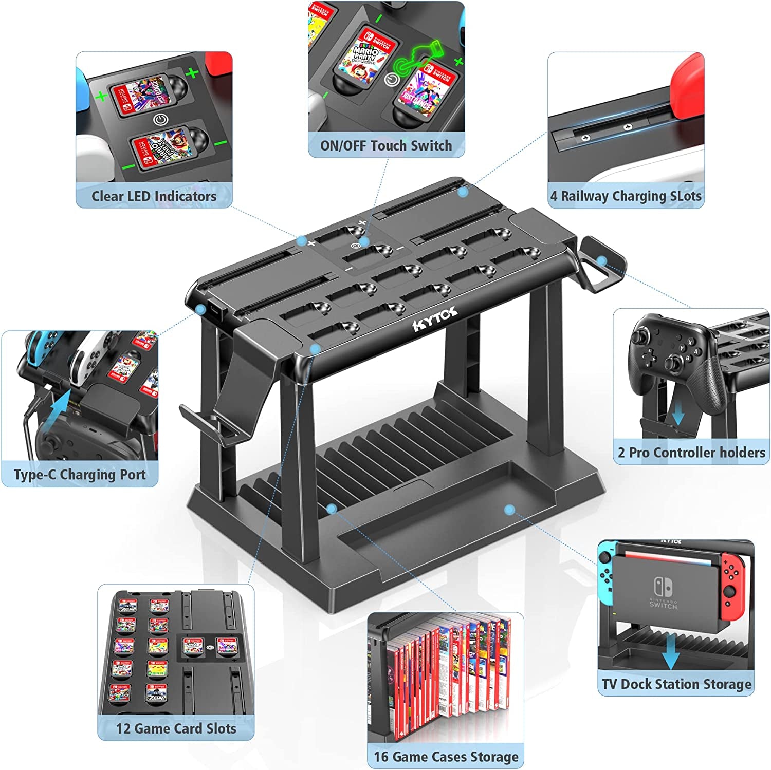 Supporto Al Gioco Torre per Nintendo Switch/Oled, Caricatore per Joycon Switch & Supporto Accessori Da Gioco Switch, Multifunzionale Switch Organizer per Gioco, Controller PRO E TV Dock