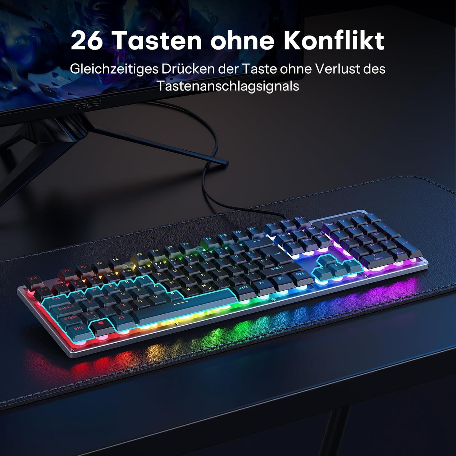 Tastiera da gioco cablata OMOTON, tastiera full-size con tasti multimediali per Windows, 26 tasti senza conflitti, layout QWERTZ tedesco