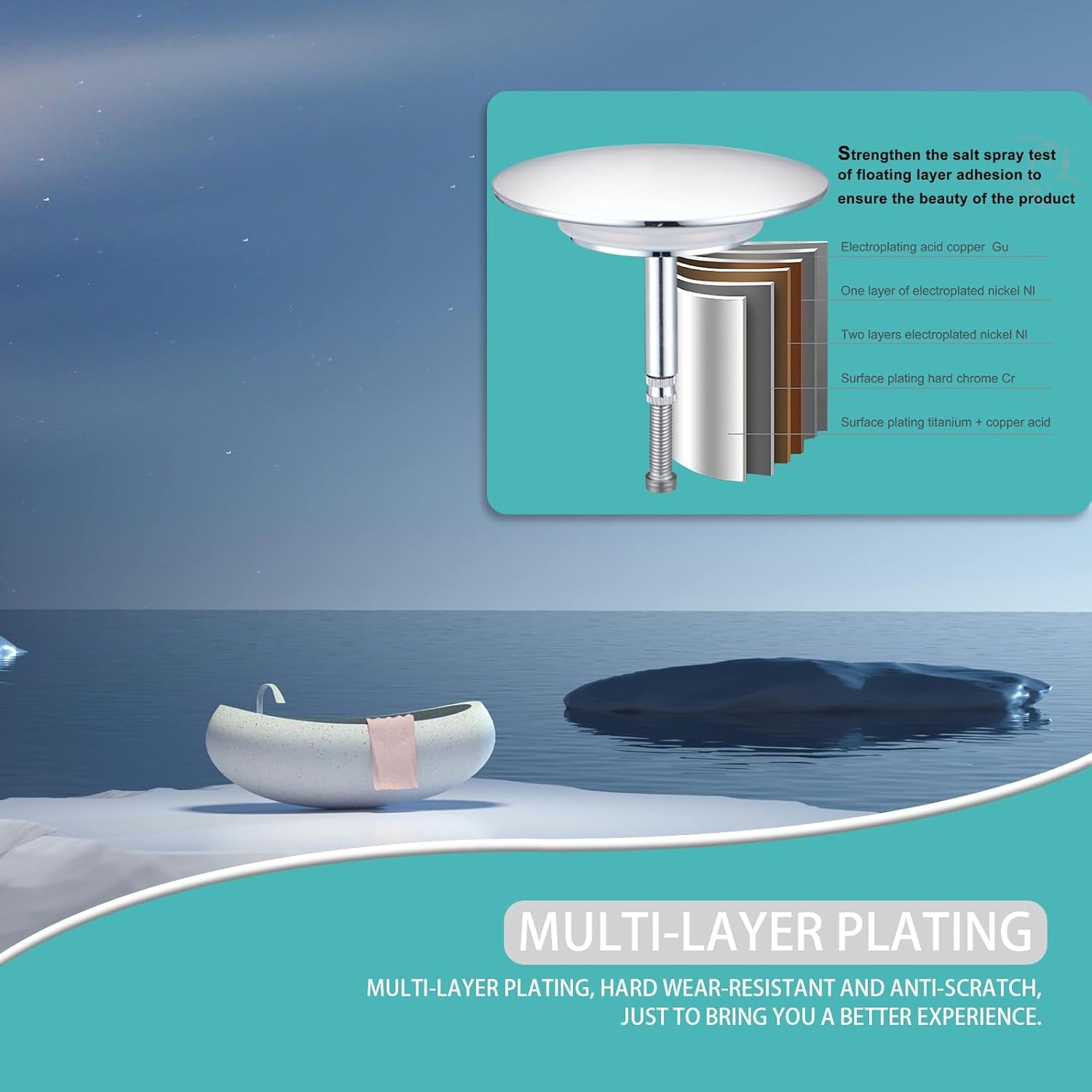 Tappo Universale per Vasca Da Bagno, Diametro 72 Mm, Tappo Di Scarico Cromato Con Innovativa Doppia Guarnizione, Scarico per Ogni Vasca Standard, Regolabile in Altezza