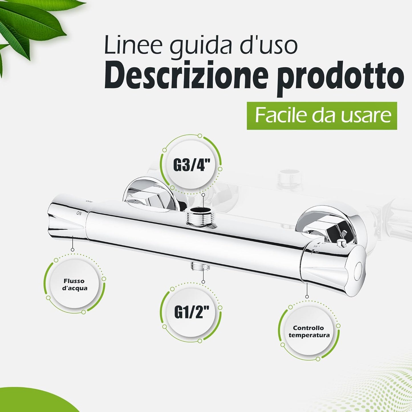 Miscelatore Doccia,Colonna Doccia Con Miscelatore,Miscelatore Termostatico per Doccia Con 2 Uscite, Uscita Superiore 3/4" BSP (26.4Mm) E Uscita Inferiore 1/2" BSP (21Mm)